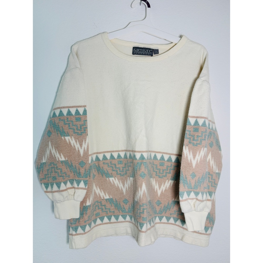 Karen Kane Easywear Vintage Southwestern Fleece Sweatshirt Cream Tan‎ Teal Large